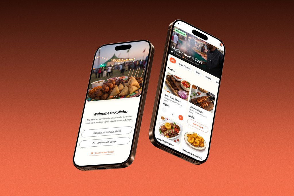 Two Kollabo phones on an orange background