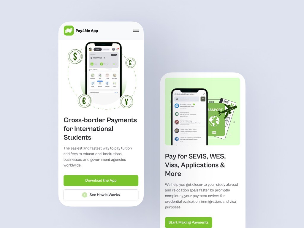 Pay4Me homepage on two phones